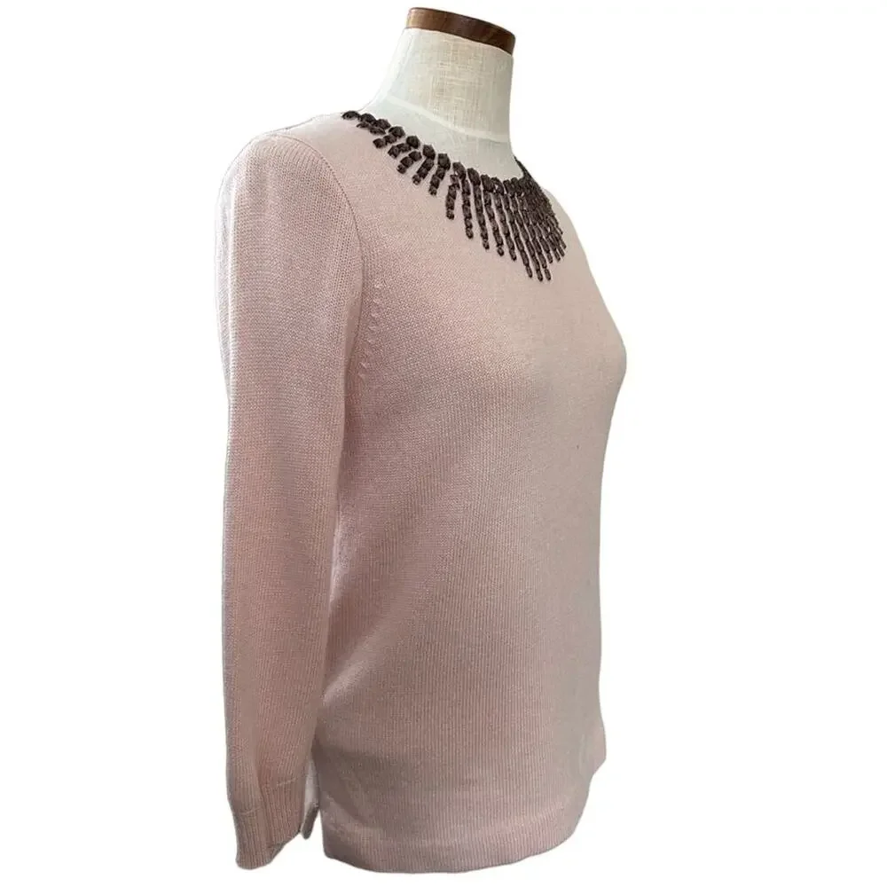 J Crew Starburst Jeweled Collar Sweater XS Blush Pink Wool Rabbit Back Zip 3/4